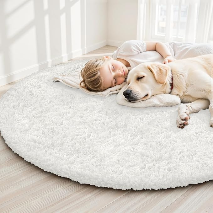 White Round Fluffy Rug 6ft, Soft Bedroom Circle Rugs Mats - Image 6