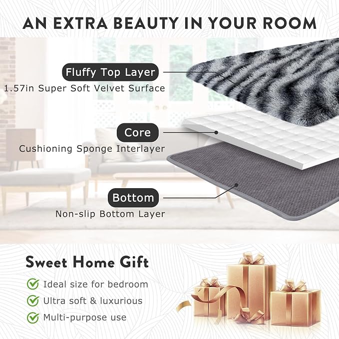 Fluffy Rugs for Bedroom Living Room, 4x6 Feet Zebra Black and White Shag Area - Image 5