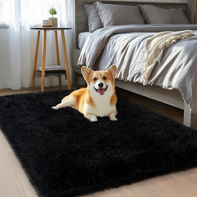 qulint Black Rug for Bedroom, 2x3 Small Area Rugs for Boys Room Soft Shag Fuzzy - Image 2