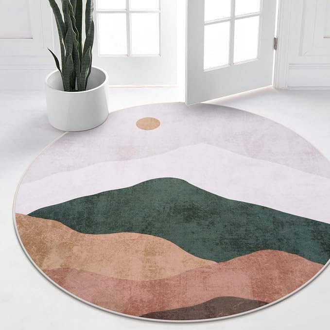 4ft Abstract Round Rug, Soft Washable Non-Slip Sun and Mountain Circle Kids - Image 2