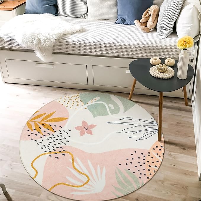 Lahome Pink Round Area Rug - 4Ft Washable Non-Slip Small Circle Boho Throw - Image 5