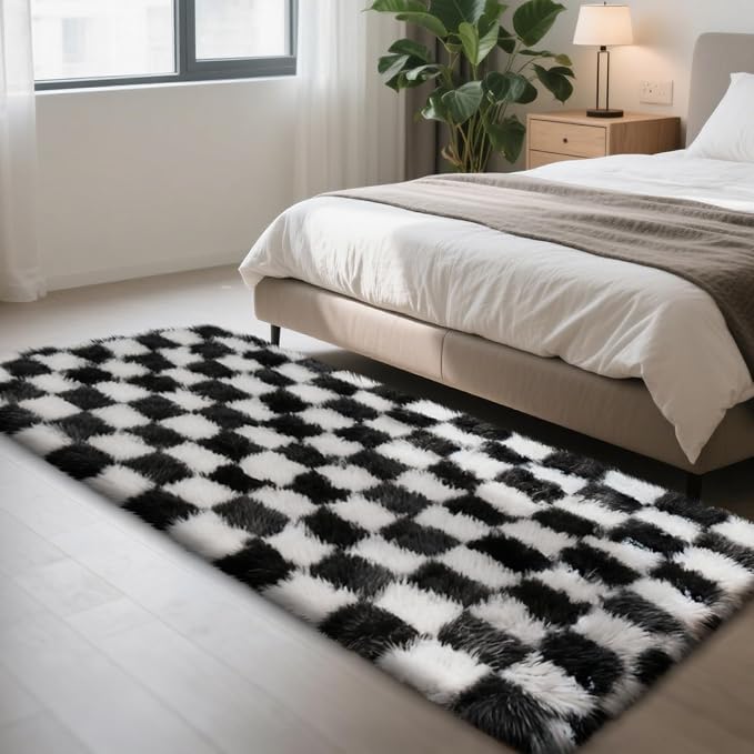 Checkered Rug for Bedroom, 3x7 Black and White Area Rugs, Classic Checkered by Yongyangjuxi