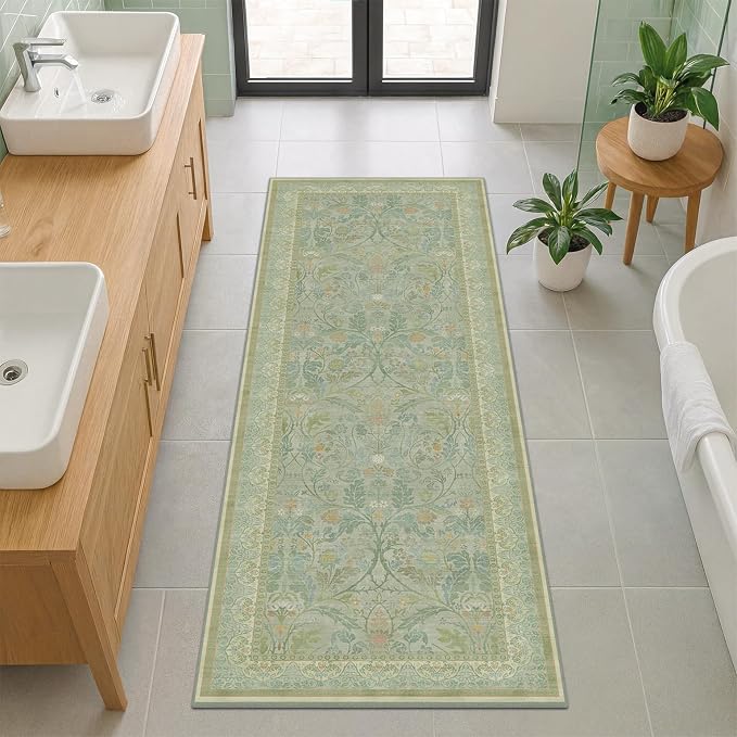 Washable Bathroom Runner Rug 2x5 Non Slip, Sage Green Small Throw Rug by Evyhood