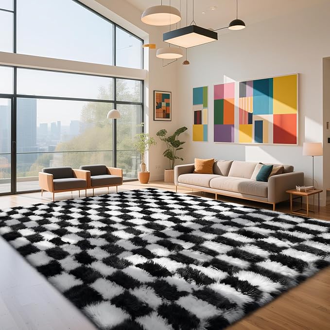 Checkered Rug for Living Room, 6x9 Black and White Area Rugs, Classic Checkered - Image 3