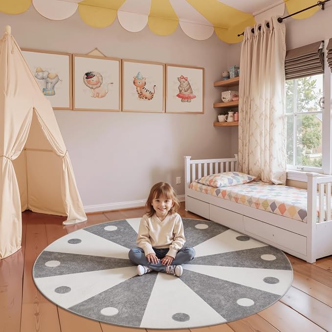 jinchan 5ft Round Rug Grey Washable Fun Cute Playroom Mat Non Slip Cheerful - Image 2