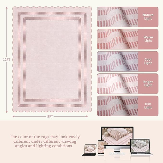 Pink Rugs for Living Room 9x12, Machine Washable Scalloped Area Rugs for - Image 2