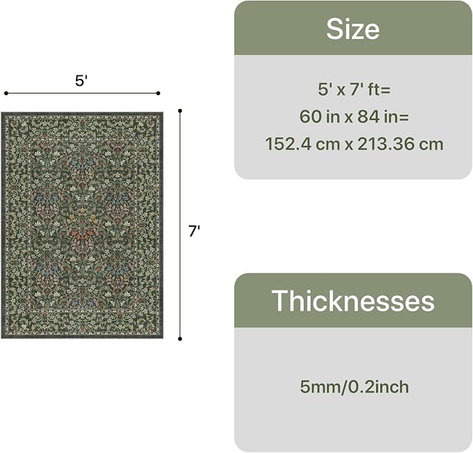 GENIMO 5x7 Washable Area Rug, Emerald Green Non Slip Vintage Boho Floral Carpet - Image 2