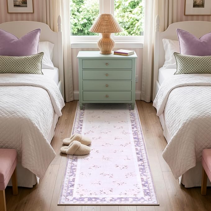 LIVEBOX Washable Lavender Bathroom Rugs Runner 2x6, Floral Hallway Rug Runner - Image 5
