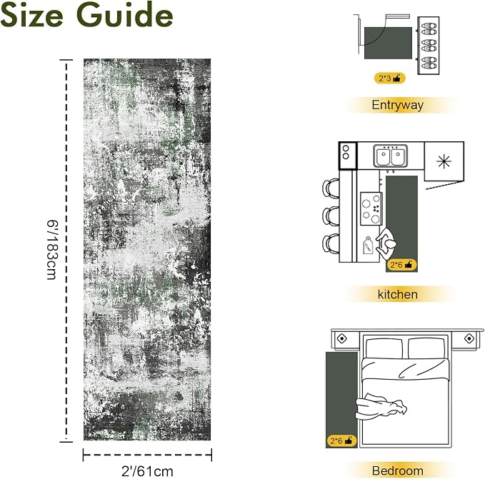 2x6 Ft Washable Runner Rug, Non-Slip Low Pile Hallway Kitchen Area Rug - Image 2