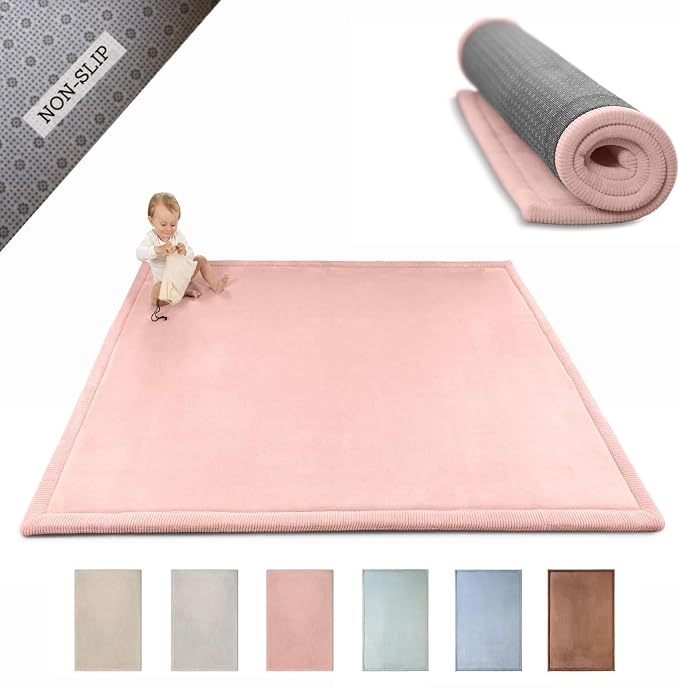 Stylish Coral Velvet Baby Play Mat 60" x 80" Pink – Soft 1" Thick High-Density by HakunaMatte
