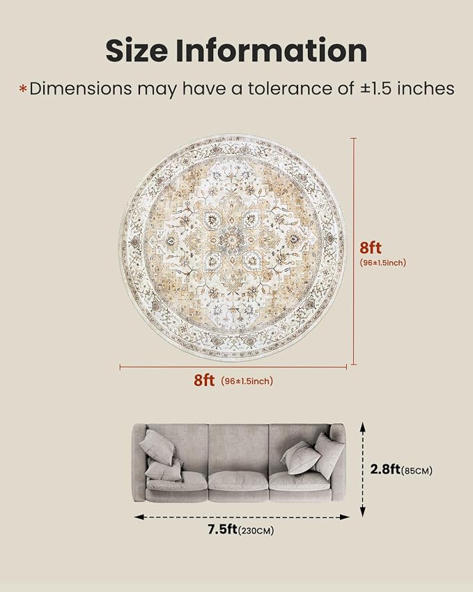 AMADA HOMEFURNISHING Round 8ft Area Rugs, Low-Profile Washable Rug - Image 2