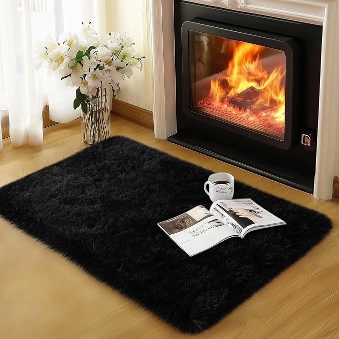 qulint Black Rug for Bedroom, 2x3 Small Area Rugs for Boys Room Soft Shag Fuzzy by QULINT