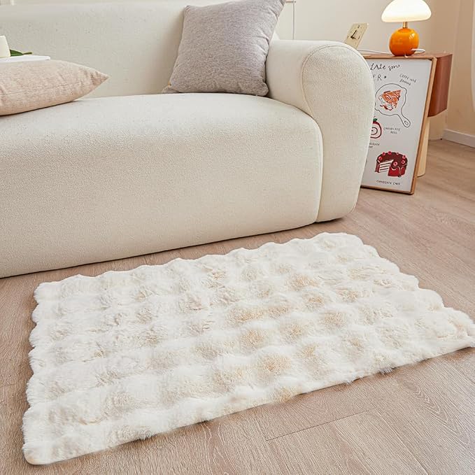 Creamy White Rabbit Plush Rug 2'x3', Fluffy Faux Fur Shaggy Area Rug by CHOVY