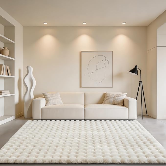 Creamy White Rabbit Plush Rug 5'x7', Fluffy Shaggy Area Rug - Image 3