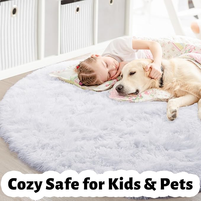 Round Rugs 5Ft White Circle Area Rug, Fluffy Fuzzy Bedroom Carpets - Image 3