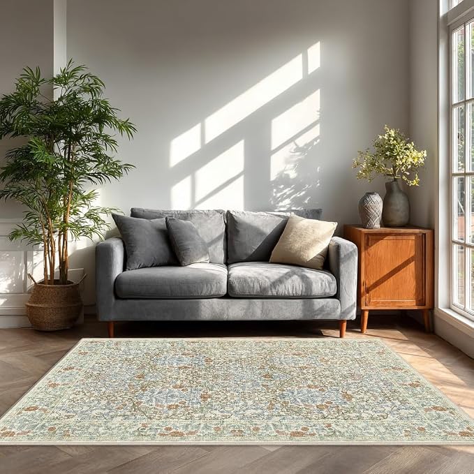 Vintage Beige Blue Living Room Rug, 5x7 Washable Area Rugs - Image 2