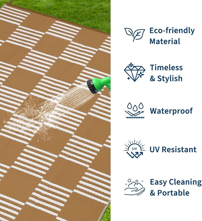 Garvee Waterproof Outdoor Rug 9x18, Checkered Foldable Plastic Straw Patio - Image 2