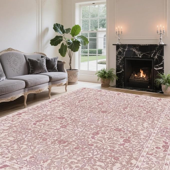 Vintage Pink Living Room Rug, 6x9 Washable Area Rugs by Unknown