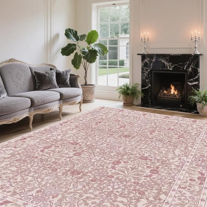 Vintage Pink Living Room Rug, 8x10 Washable Area Rugs - Image 3