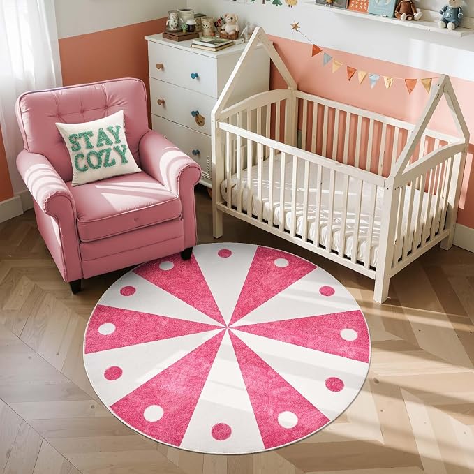 jinchan 5ft Round Rug Hot Pink Washable Fun Cute Playroom Mat Non Slip Cheerful by JINCHAN