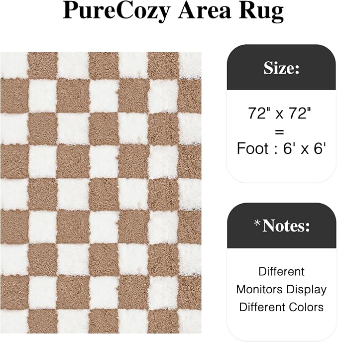 PureCozy 6x6 Round Rugs for Living Room Brown Soft Shag Checkered Large Rug - Image 2