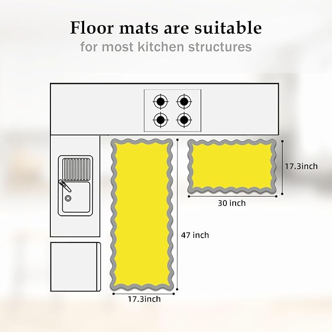 Arenarug Scalloped Yellow Gray Kitchen Mats Rugs Sets of 2 Cushioned Anti - Image 7