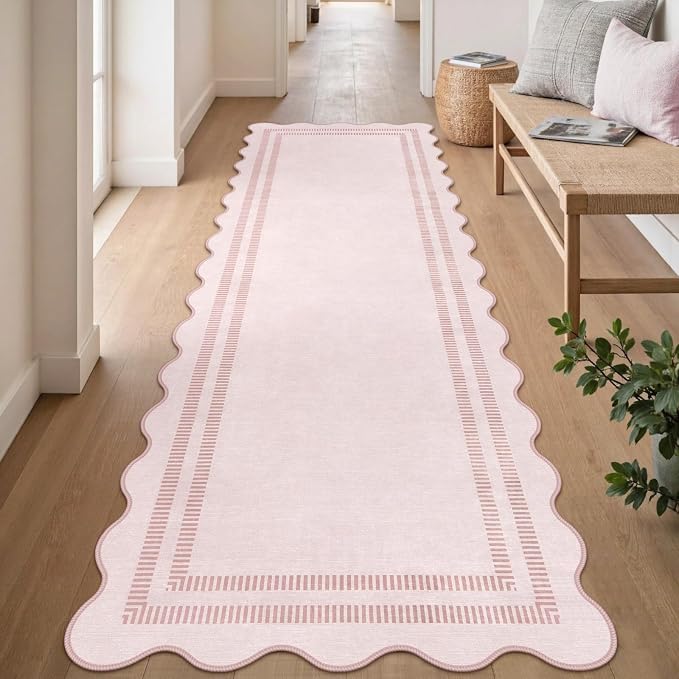 Pink Runner Rug 2.6x8 Kitchen Hallway Scalloped Rugs, Non Skid Stain-Resistant - Image 3