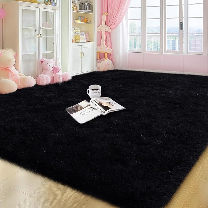 qulint Black Rug for Living Room 6x9, Soft Fluffy Bedroom Area Rug 6x9 Shag by QULINT