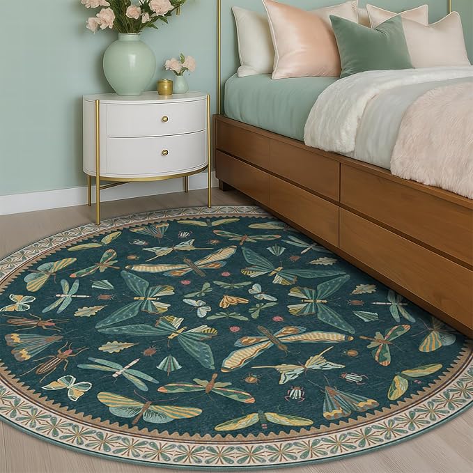 Washable Teal Round Rug 6ft, Non Slip Boho Carpet - Image 3