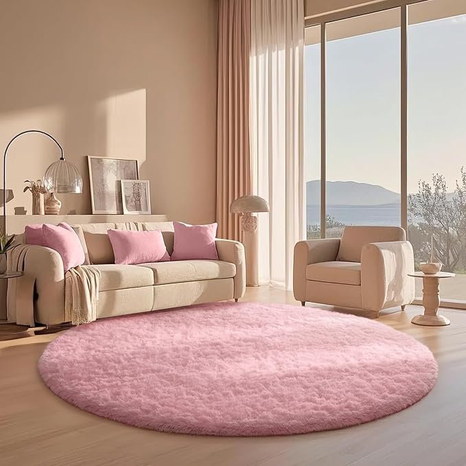 Ophanie Round Rugs 6Ft Pink Circle Area Rug, Fuzzy Bedroom Carpet, Large Shag by Ophanie