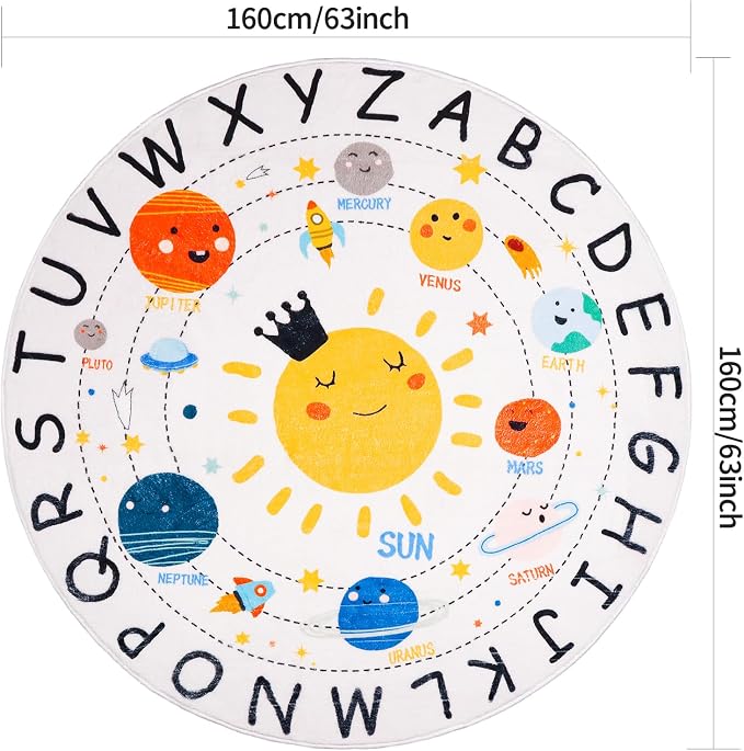 Round ABC Space Kids Rugs, 5.2 ft Non-Slip Solar System Alphabet Rugs, Washable - Image 2