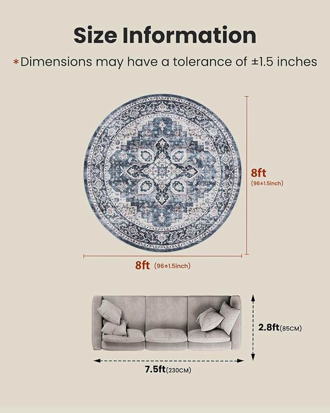 AMADA HOMEFURNISHING Round 8ft Area Rugs, Low-Profile Washable Rug - Image 2