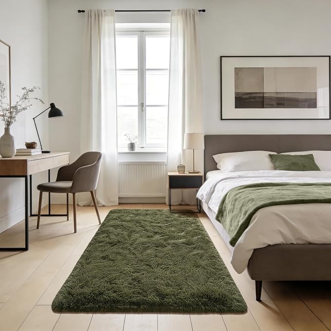 Andecor Shag Area Rug for Living Room, 3x5 Feet Olive Green Soft Fluffy Indoor by Andecor