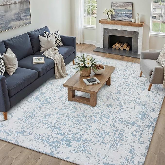 6x9 Fluffy Area Rug Blue Shag Neutral Carpet - Image 5