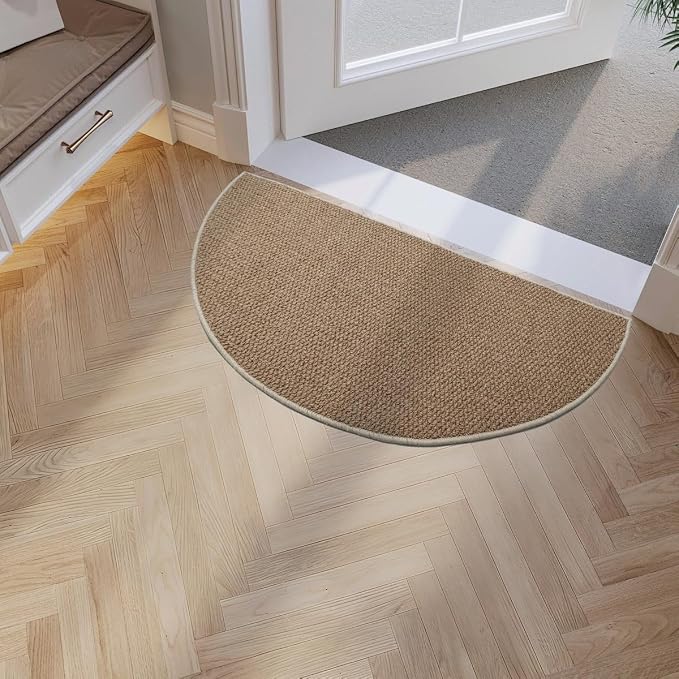 Half Circle Dirt Trapping Door Mat 36x18, Taupe Faux Jute Rug | Low-Profile by Unknown