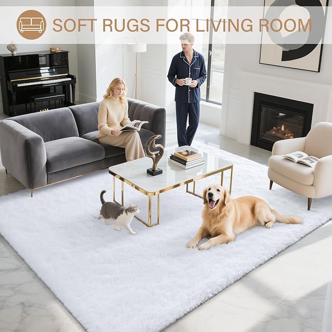 BENRON Fluffy Rugs for Living Room 5x8 White, Washable Large Area Rugs for - Image 2