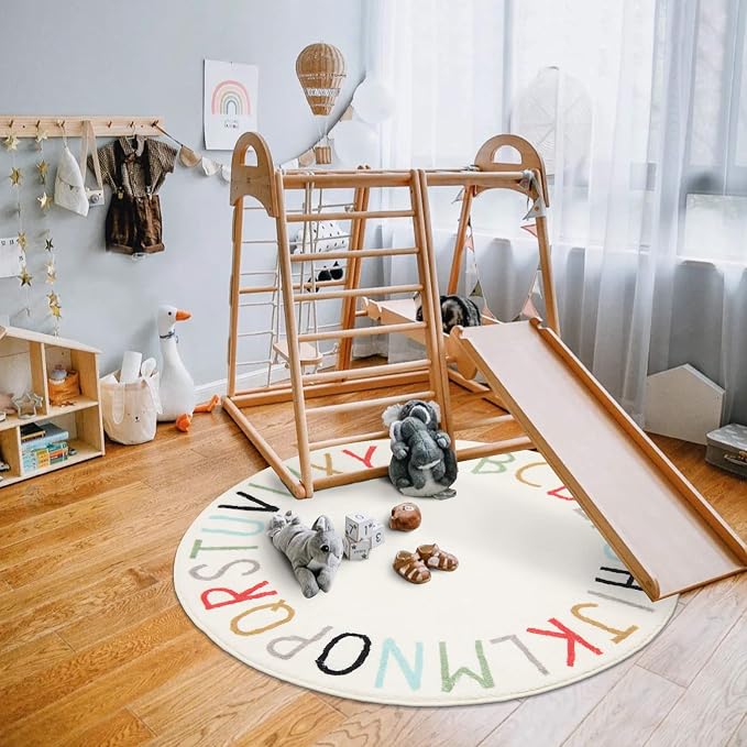 Topotdor Rainbow Round Kids Play Rug Alphabet Nursery Area Rug Extra Large Soft - Image 8