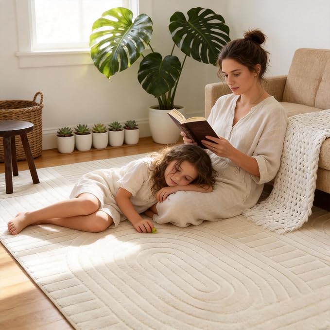 5x7 Geometric Solid Beige Area Rug – Washable, Durable Non-Slip Indoor Carpet - Image 5