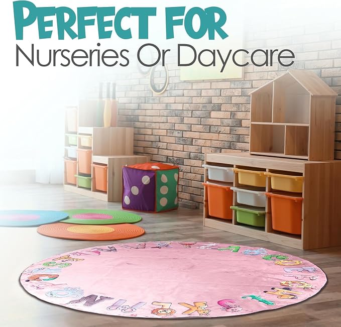 ABC Alphabet Rug for Kids – 6 ft Round Pink Play Mat for Toddlers & Babies - Image 7