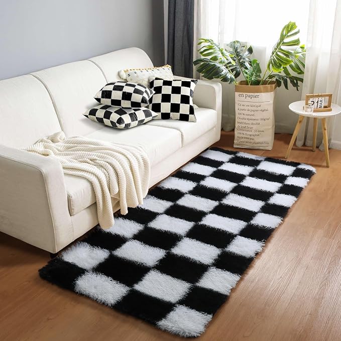 KICMOR Fluffy Soft Runner Rug for Bedroom Living Room, 2x6 Black and White - Image 3