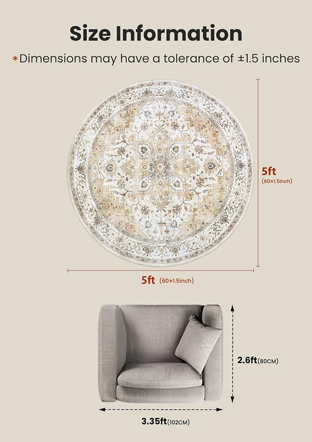AMADA HOMEFURNISHING Round 5ft Area Rugs, Low-Profile Washable Rug - Image 2