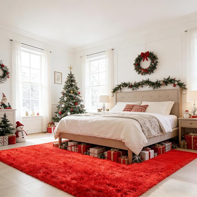 Red Shag Area Rugs for Living Room Bedroom, Ultra Large Soft Fluffy Christmas - Image 2