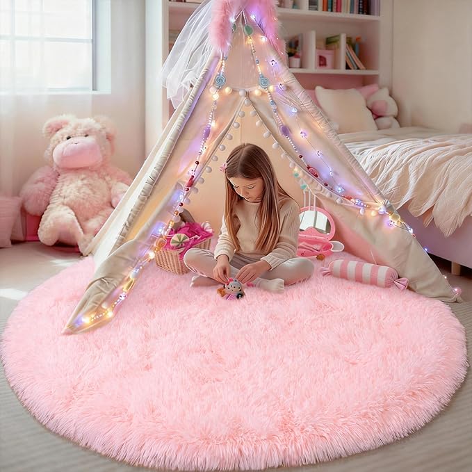 Round Fluffy Pink Rug for Bedroom, 4Ft Fuzzy Shag Circle Area Rug for Girls by WISHTREE