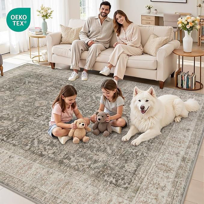 8x10 Area Rugs for Living Room: Vintage Boho Neutral Washable Rug Indoor Soft - Image 7