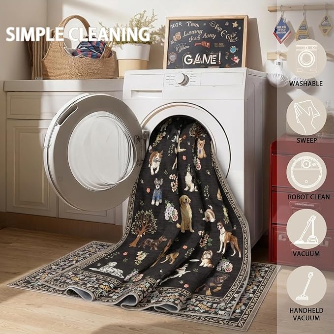 Area Rug 4x6 Black Dog Rug, Washable Rugs Non Slip Low Pile Floral Dog Small - Image 4