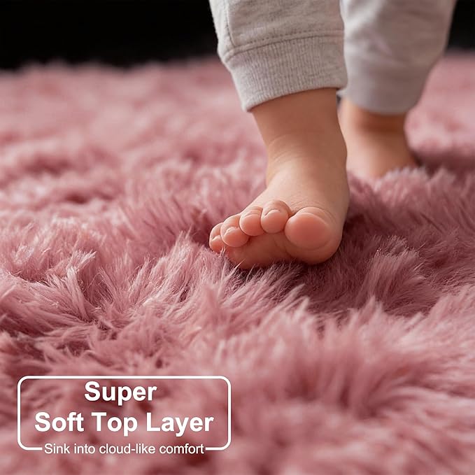 Blush Pink Big Round Rug 8Ft for Kids Bedroom, Large Fluffy Fuzzy Furry Circle - Image 4