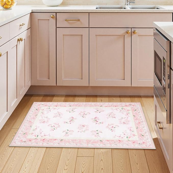 LIVEBOX Floral Pink Washable Entryway Rug, 2x3 Boho Bathroom Rugs Non Slip Soft - Image 2