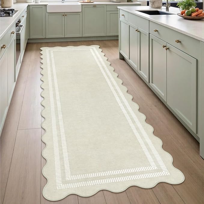 Washable Runner Rug 2.6x8 Kitchen Hallway Scalloped Rugs, Non Skid by LORWER