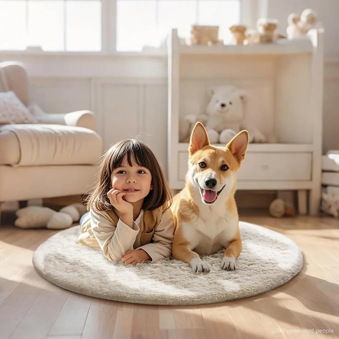 Ophanie Round Rugs 3Ft Ivory Circle Area Rug Washable, Nursery Bedroom Carpet - Image 3