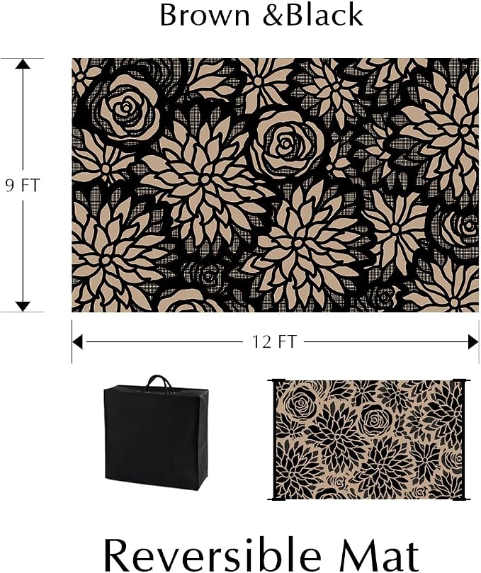 Outdoor Plastic Straw Rug Waterproof Patio 9x12 Black Brown Floral Mat - Image 2